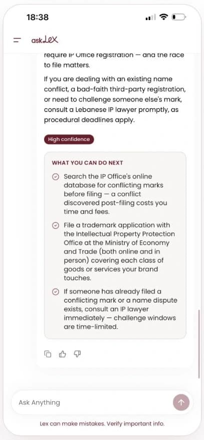 askLex app: Lex answering a trademark question with what you can do next