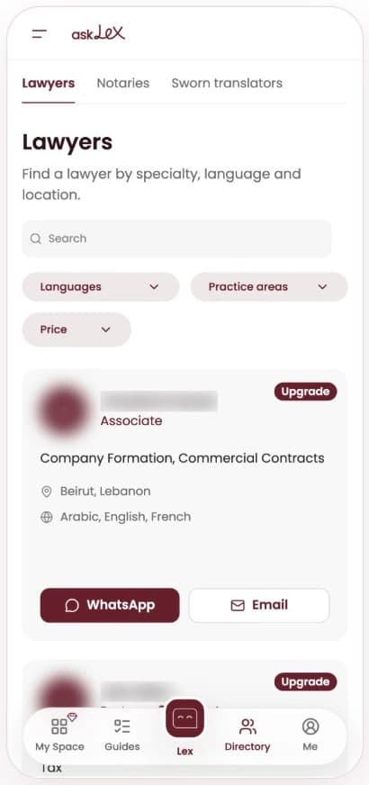 askLex app: the lawyer directory, filtered by language, practice area and price