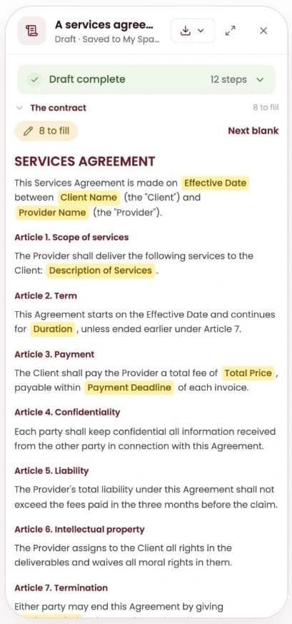 askLex app: a services agreement drafted step by step with blanks to fill